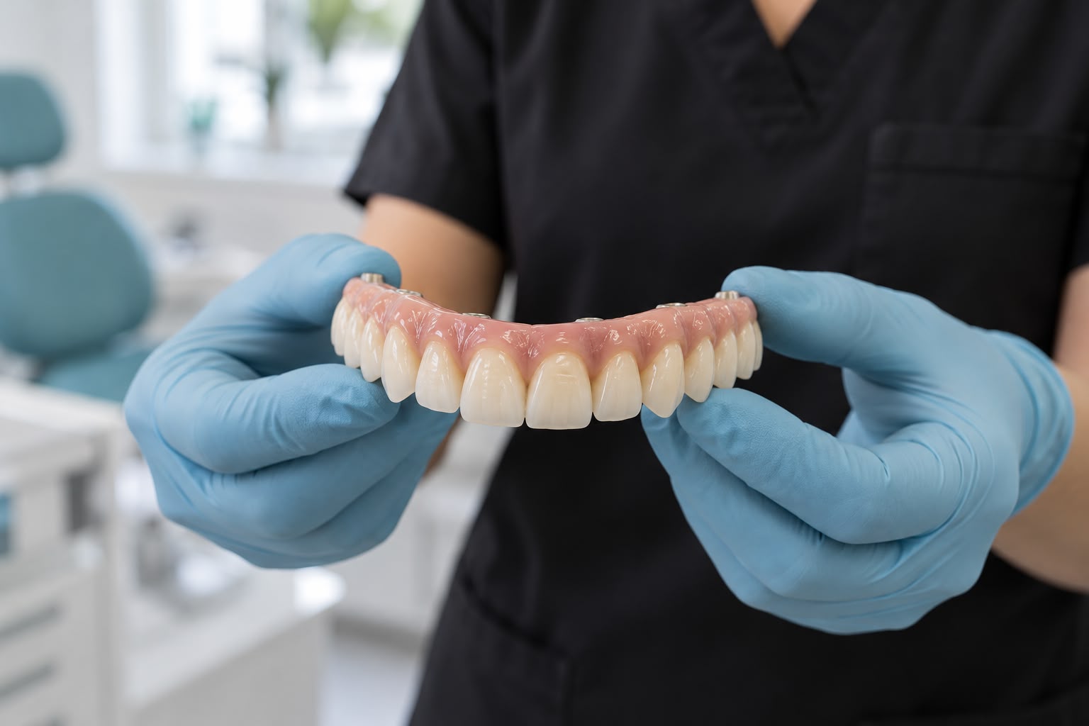Dental professional holding a temporary fixed full-arch prosthesis